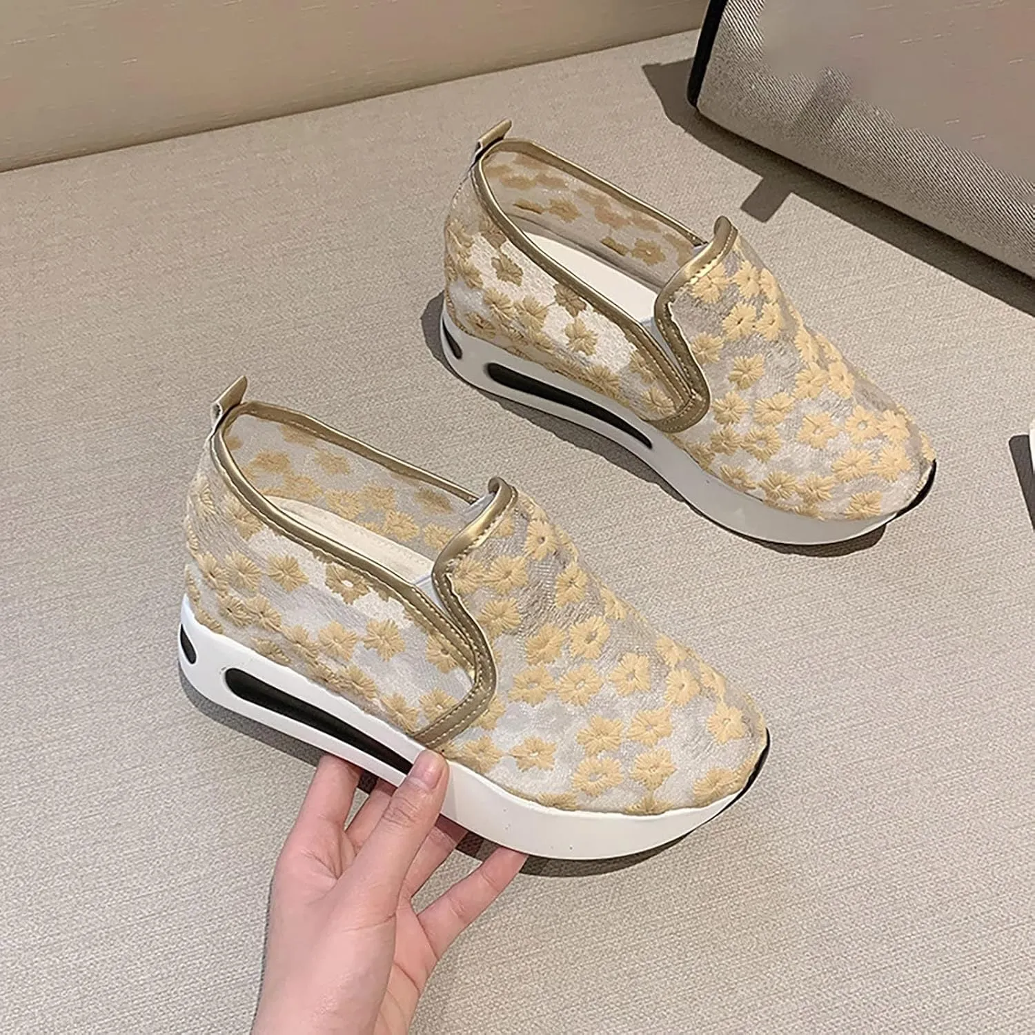 2025 Womens Embroidery Floral Mesh Sneakers, Platform Wedge Sneakers for Women,Breathable Lace Mesh Wedge Sneakers,Chunky Sole Hidden High Heels Slip On Shoes with Arch Support Walking Low Top Loafers