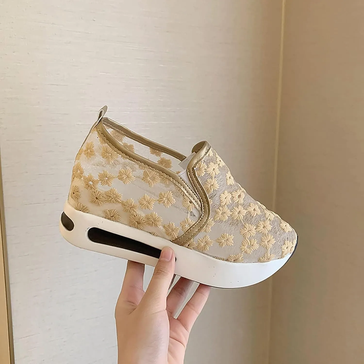 2025 Womens Embroidery Floral Mesh Sneakers, Platform Wedge Sneakers for Women,Breathable Lace Mesh Wedge Sneakers,Chunky Sole Hidden High Heels Slip On Shoes with Arch Support Walking Low Top Loafers