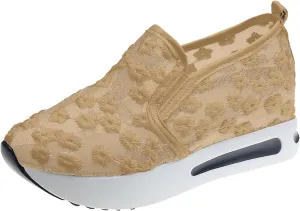 2025 Womens Embroidery Floral Mesh Sneakers, Platform Wedge Sneakers for Women,Breathable Lace Mesh Wedge Sneakers,Chunky Sole Hidden High Heels Slip On Shoes with Arch Support Walking Low Top Loafers