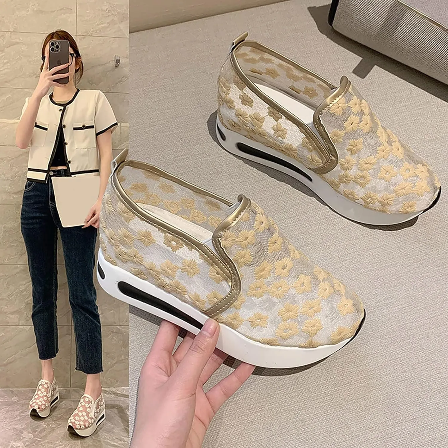 2025 Womens Embroidery Floral Mesh Sneakers, Platform Wedge Sneakers for Women,Breathable Lace Mesh Wedge Sneakers,Chunky Sole Hidden High Heels Slip On Shoes with Arch Support Walking Low Top Loafers