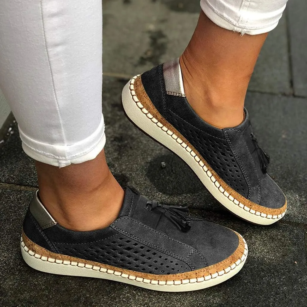Business Casual Shoes Women's Fashion Fringe Hollow-Out Round Toe Slip On Shoes Flat with
