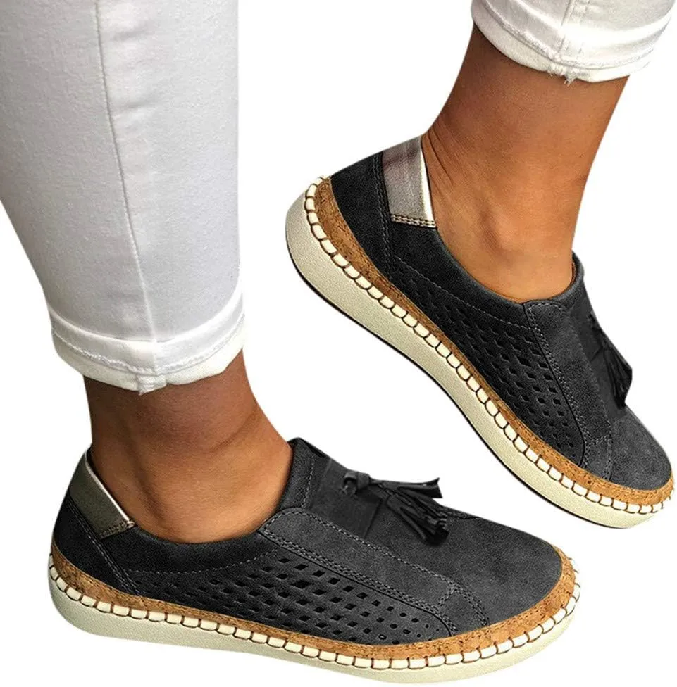 Business Casual Shoes Women's Fashion Fringe Hollow-Out Round Toe Slip On Shoes Flat with