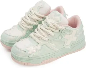 Cute Green Shoes with Crosses Design Chunky Platform Non Slip Lightweight Casual Skate Sneakers Y2K Kawaii Pastel Retro Trendy Footwear for Women & Girls Streetwear, Travel, Sports, Back to School