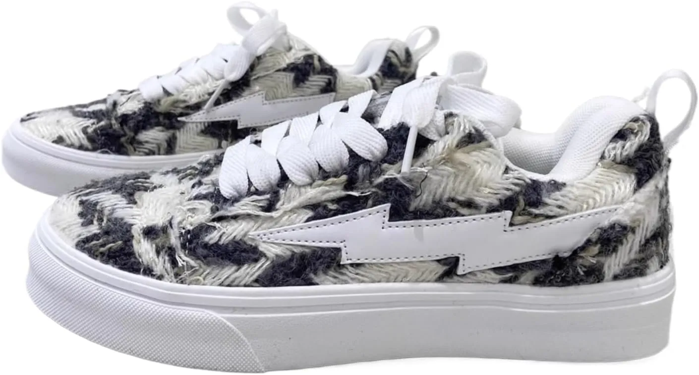 Cute Retro Shoes with Lightning Design Chunky Platform Lace-up Comfy Non Slip Lightweight Softy Casual Skate Sneakers Y2K Kawaii Pretty Trendy Gifts for Women & Girls Summer Streetwear Back to School