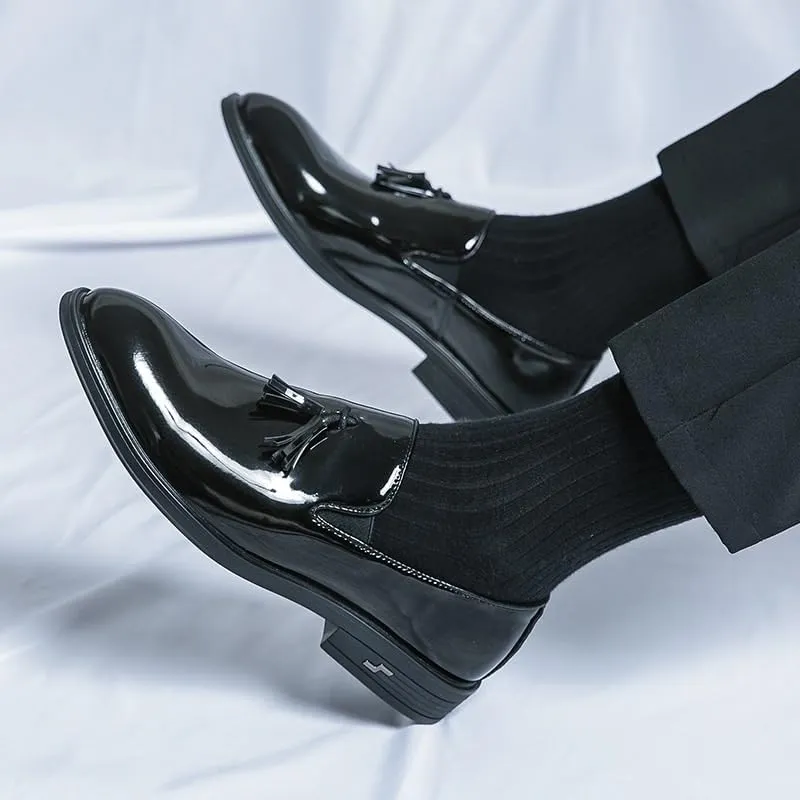 Genuine Leather Patent Black Slip On Men's Dress Shoes Loafers with Tassel