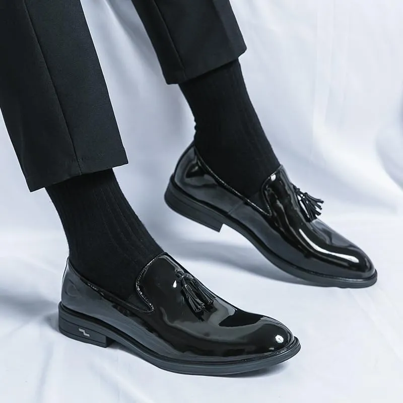 Genuine Leather Patent Black Slip On Men's Dress Shoes Loafers with Tassel