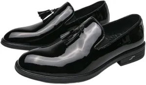 Genuine Leather Patent Black Slip On Men's Dress Shoes Loafers with Tassel
