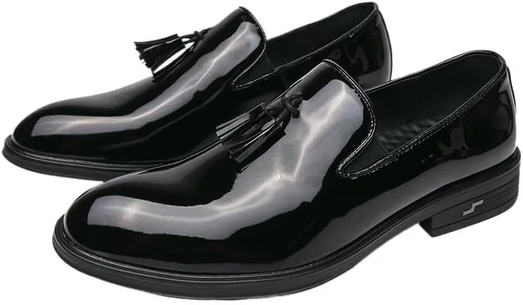 Genuine Leather Patent Black Slip On Men's Dress Shoes Loafers with Tassel