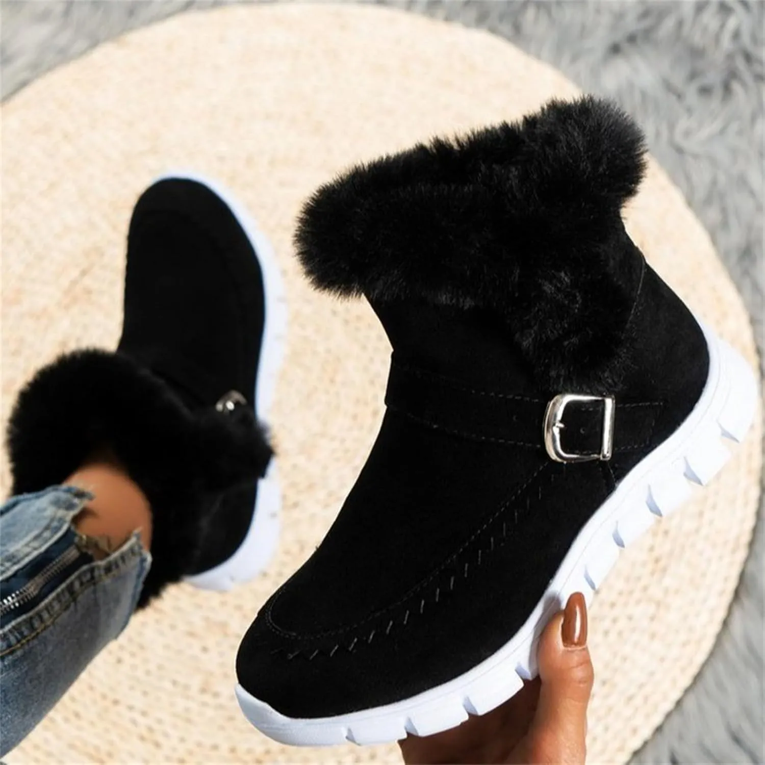 Ladmiple Boots For Women Ankle Booties Winter Slip On Warm Snow Boots Fashion Fur Lined Thickening Comfortable Loafers Shoes