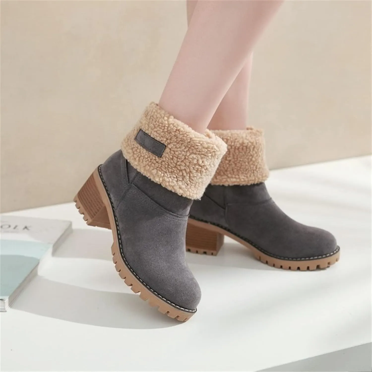 Ladmiple Winter Boots For Women Fashion Snow Boots Ankle Short Boots Slip On Outdoor Mid Calf Booties Fur Lined Warm Shoes