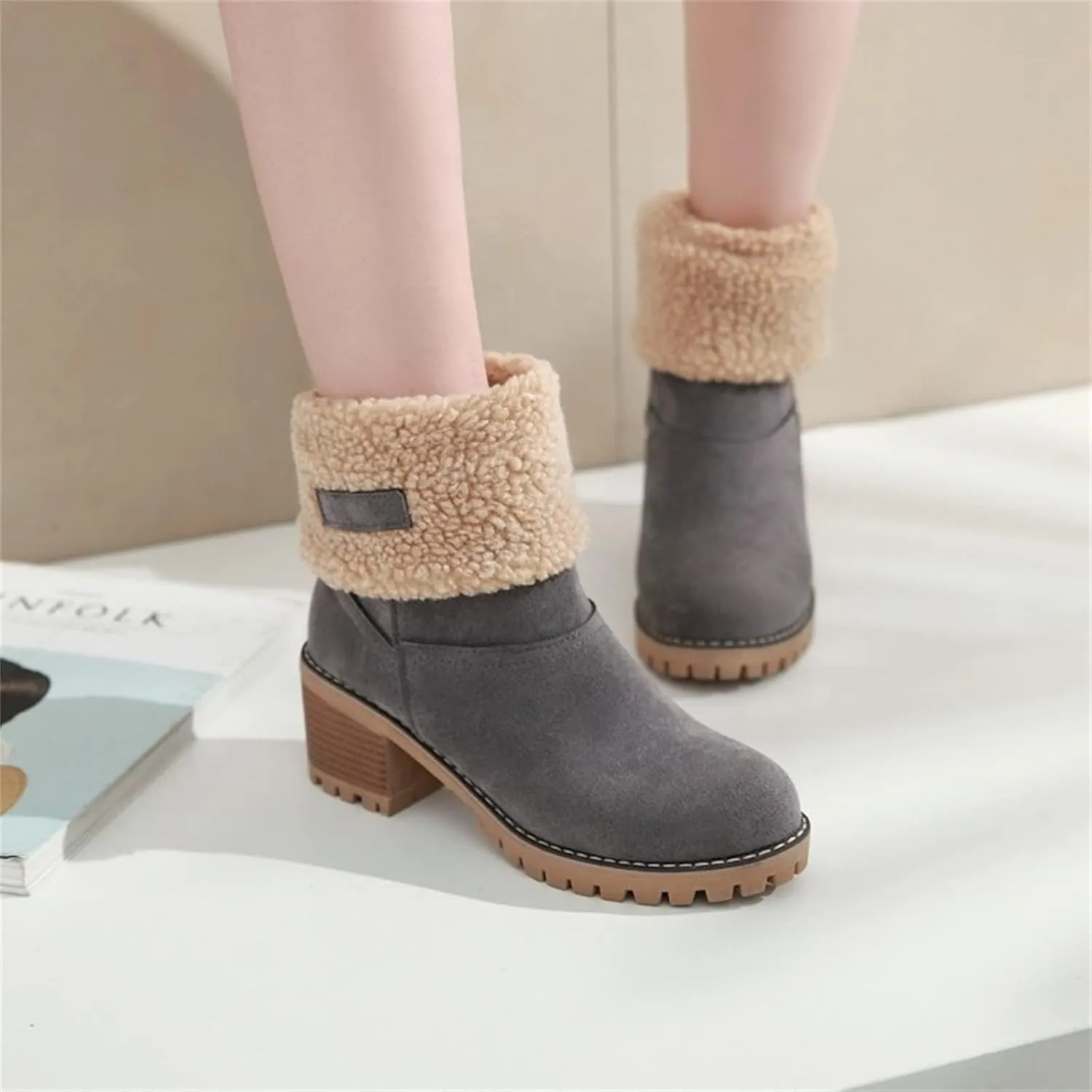 Ladmiple Winter Boots For Women Fashion Snow Boots Ankle Short Boots Slip On Outdoor Mid Calf Booties Fur Lined Warm Shoes