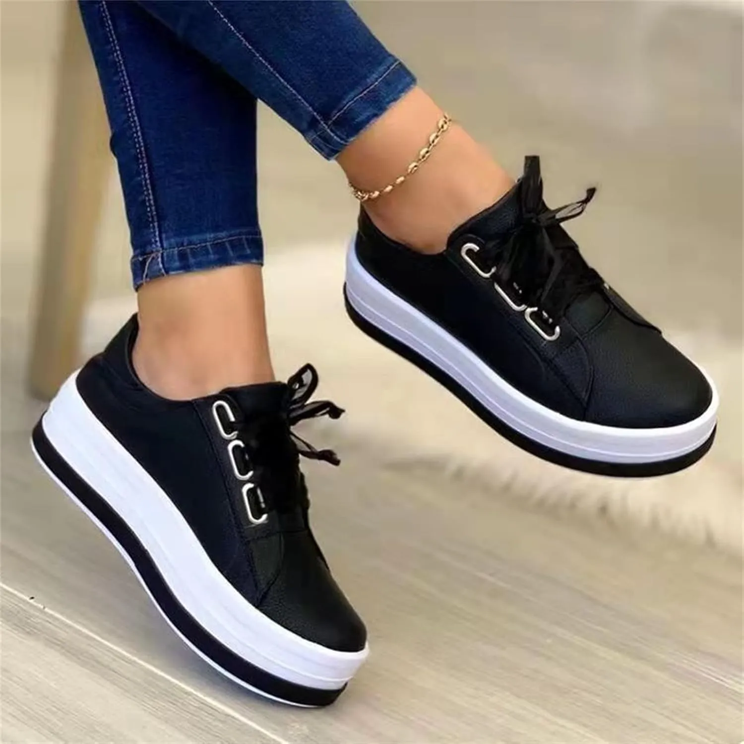 Lausiuoe Shoes For Women Dressy Casual Platform Leather Sneakers Fashion Round Toe Lightweight Classic Comfort Slip On Loafer