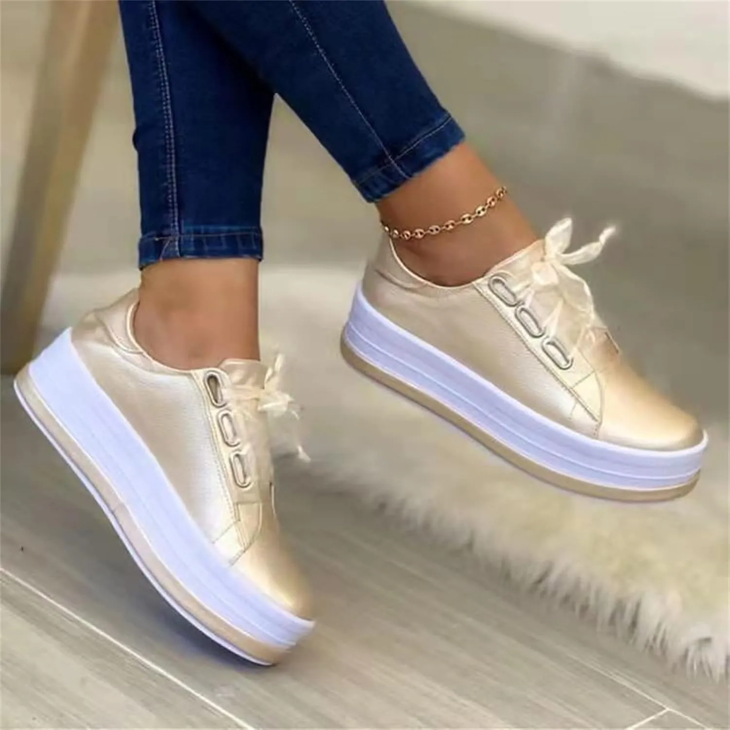 Lausiuoe Shoes For Women Dressy Casual Platform Leather Sneakers Fashion Round Toe Lightweight Classic Comfort Slip On Loafer