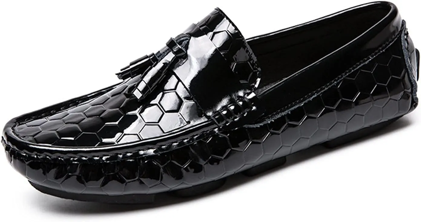 Loafer Shoes for Men Genuine Leather Round Toe Tassel Patent Leather Hexagon Embossed Soft Flexible Comfortable Walking Slip On for Any Attire