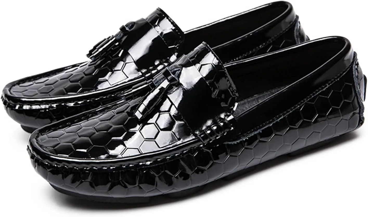 Loafer Shoes for Men Genuine Leather Round Toe Tassel Patent Leather Hexagon Embossed Soft Flexible Comfortable Walking Slip On for Any Attire