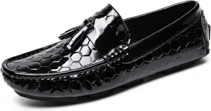 Loafer Shoes for Men Genuine Leather Round Toe Tassel Patent Leather Hexagon Embossed Soft Flexible Comfortable Walking Slip On for Any Attire