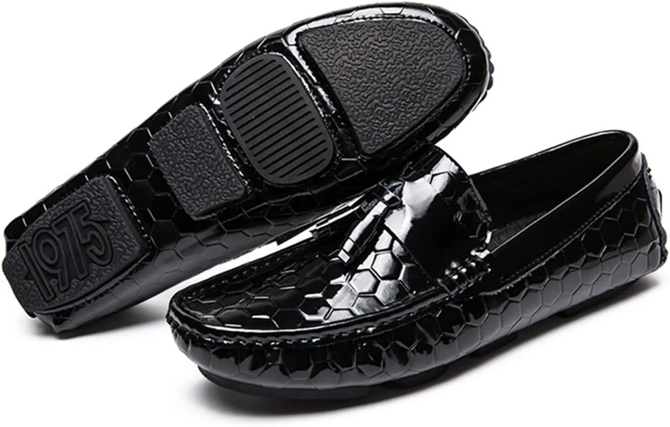 Loafer Shoes for Men Genuine Leather Round Toe Tassel Patent Leather Hexagon Embossed Soft Flexible Comfortable Walking Slip On for Any Attire