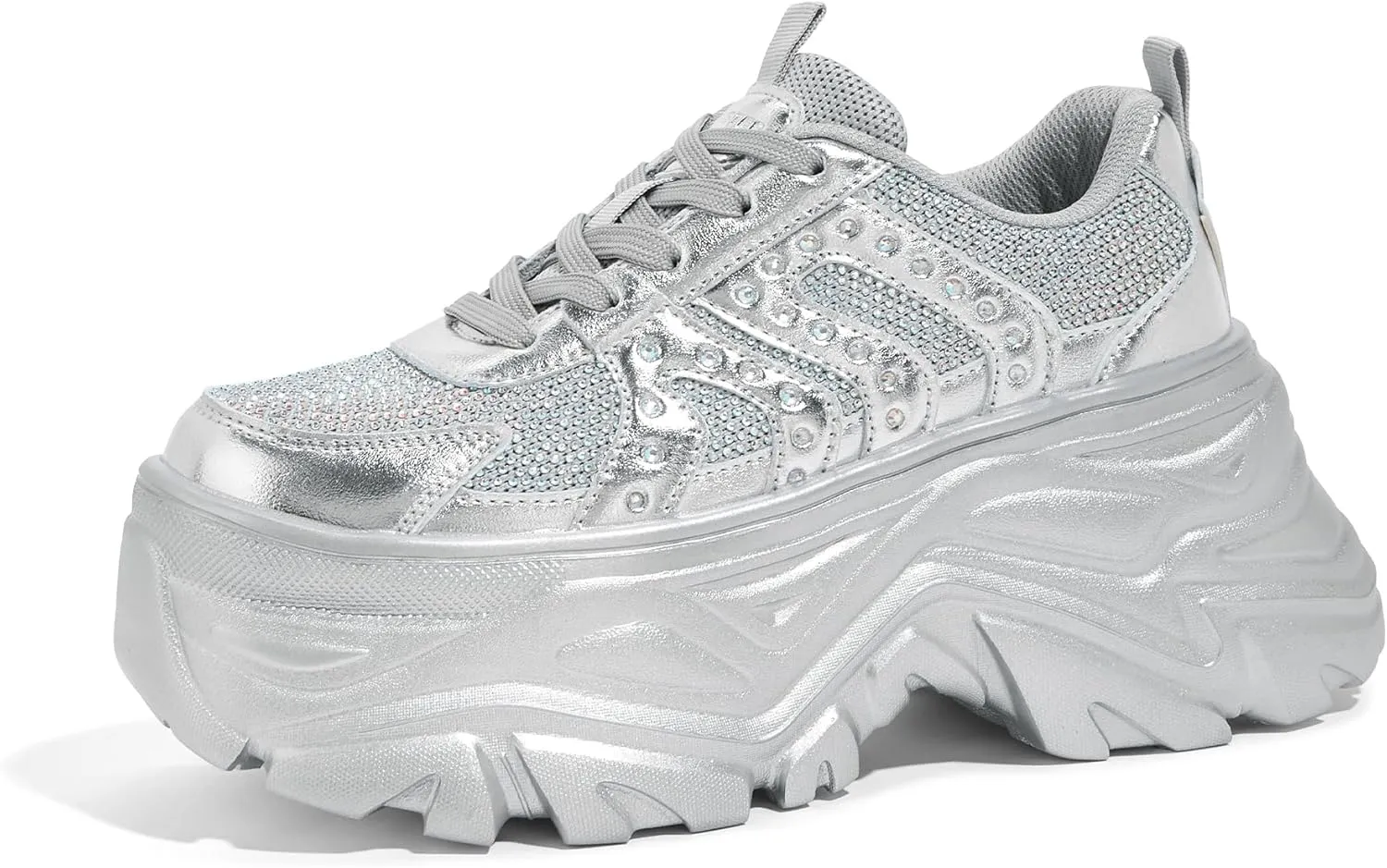 LUCKY STEP Women's Rhinestone Chunky Sneakers Breathable Lace-Up Platform Walking Sneakers Fashion Casual Dad Shoes