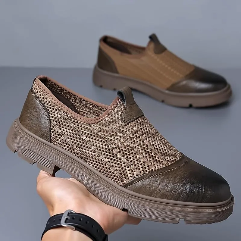 Men's Breathable Mesh Leather Orthopedic Travel Slip-On Loafers,Mens Arch Support Slip-on Loafers,Breathable Comfortable