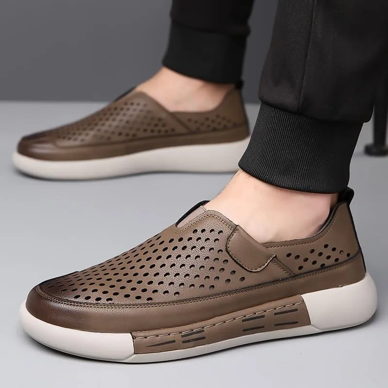 Men's Casual Loafers Hands Free 1-Second Slip On Leather Loafers Arch Support Orthopedic Comfortable Walking Shoes for Men