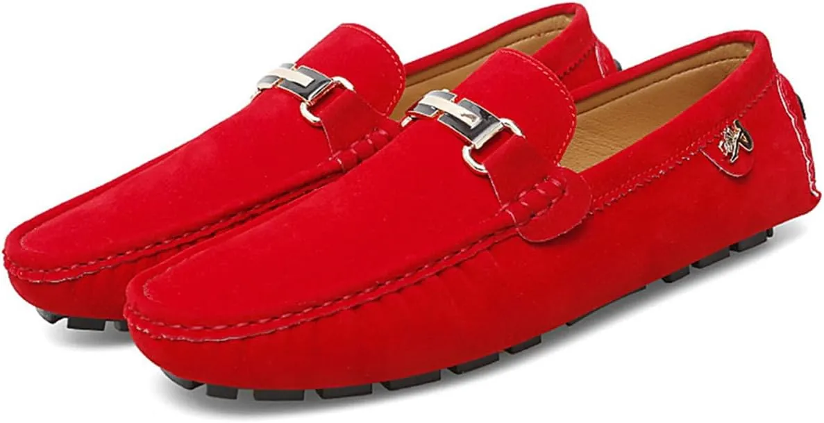 Men's Driving Loafers Black Slip-On with Suede Buckle Detail Moccasins