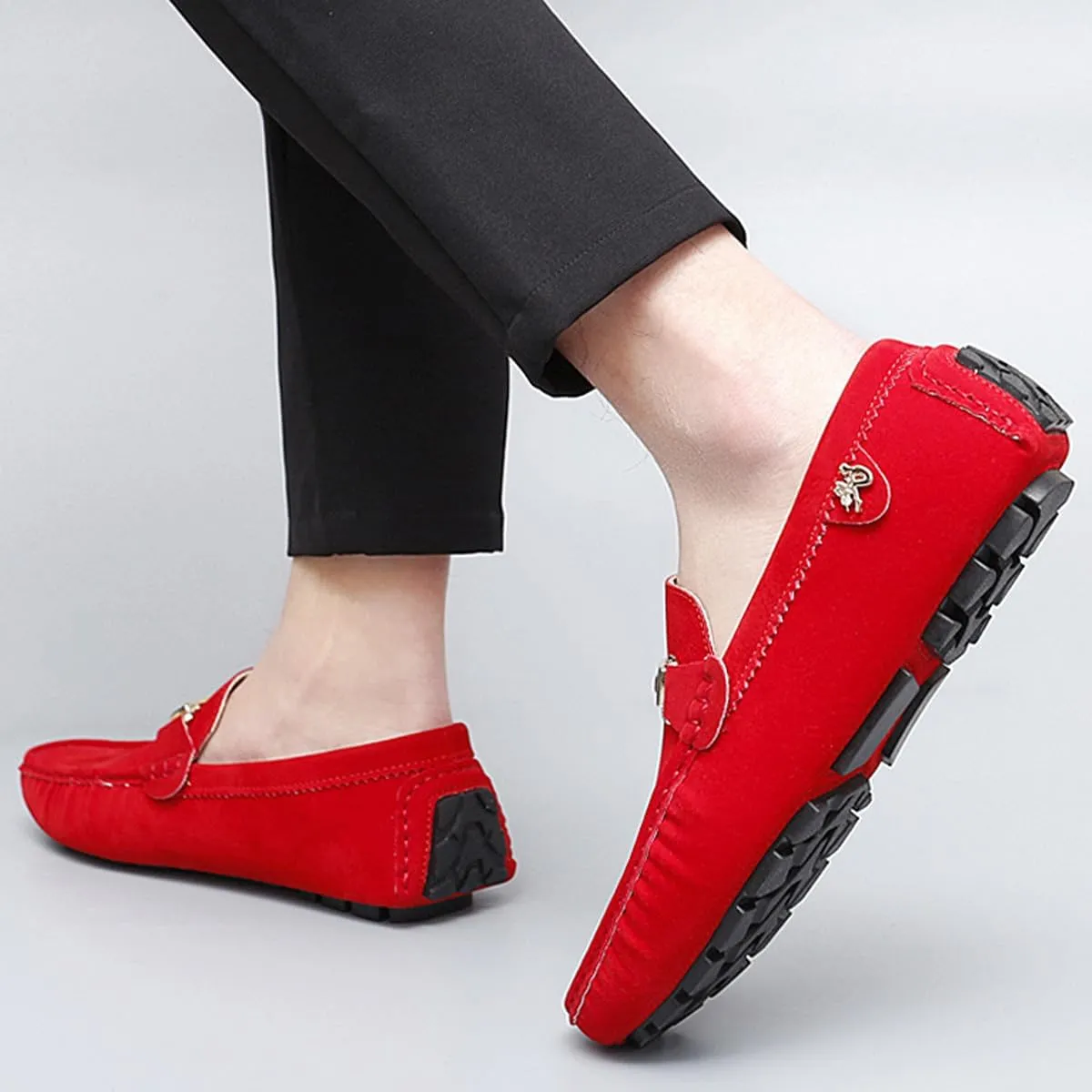 Men's Driving Loafers Black Slip-On with Suede Buckle Detail Moccasins
