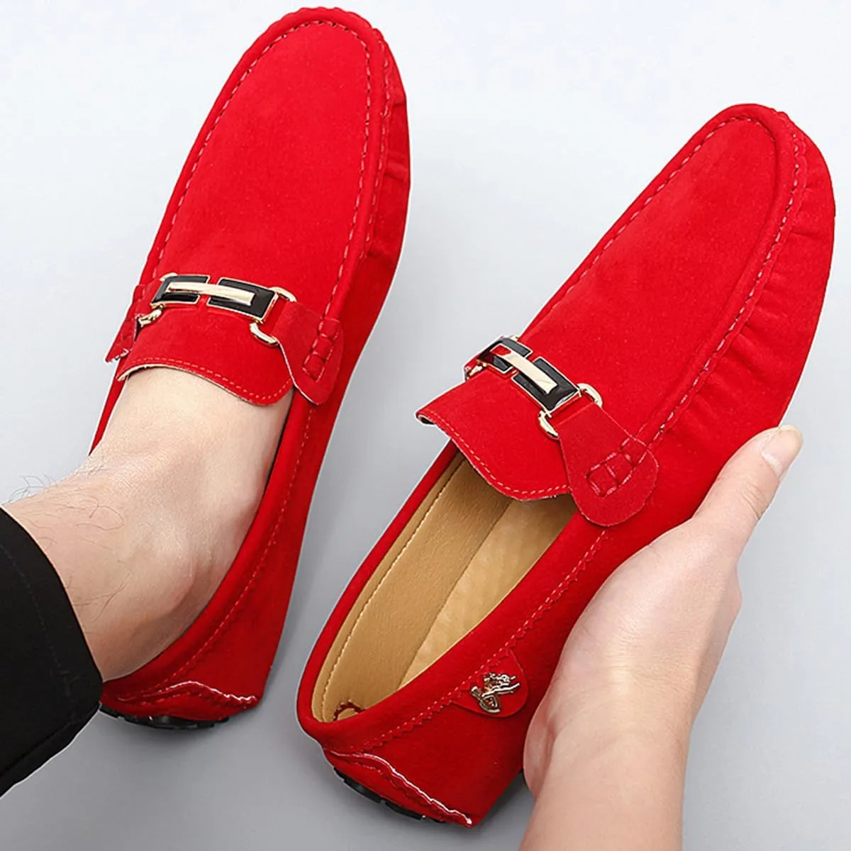 Men's Driving Loafers Black Slip-On with Suede Buckle Detail Moccasins