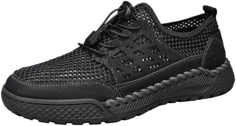 Men's Handmade Leather Modern Classic Lace up Leather Lined Perforated Dress Mesh Sneakers Shoes Fashion Comfort Luxury Soft