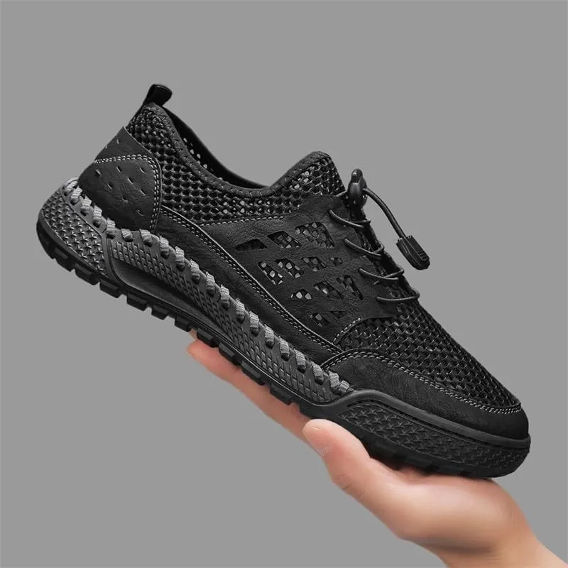 Men's Handmade Leather Modern Classic Lace up Leather Lined Perforated Dress Mesh Sneakers Shoes Fashion Comfort Luxury Soft