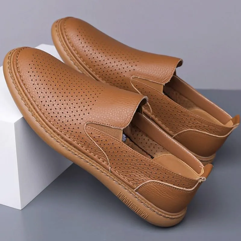 Mens Premium Leather Penny Shoes Fashion Slip On Driving Shoes Casual Flat Moccasin Men's Cutout Mesh Handmade Flat Casual Loafers