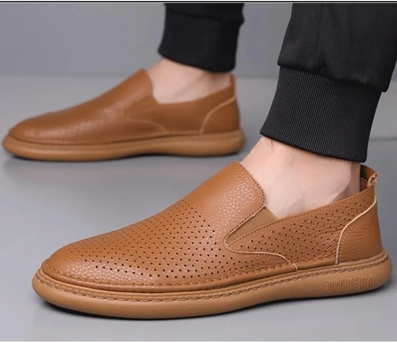 Mens Premium Leather Penny Shoes Fashion Slip On Driving Shoes Casual Flat Moccasin Men's Cutout Mesh Handmade Flat Casual Loafers