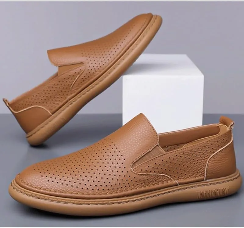 Mens Premium Leather Penny Shoes Fashion Slip On Driving Shoes Casual Flat Moccasin Men's Cutout Mesh Handmade Flat Casual Loafers