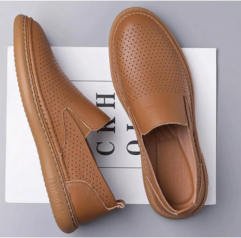 Mens Premium Leather Penny Shoes Fashion Slip On Driving Shoes Casual Flat Moccasin Men's Cutout Mesh Handmade Flat Casual Loafers