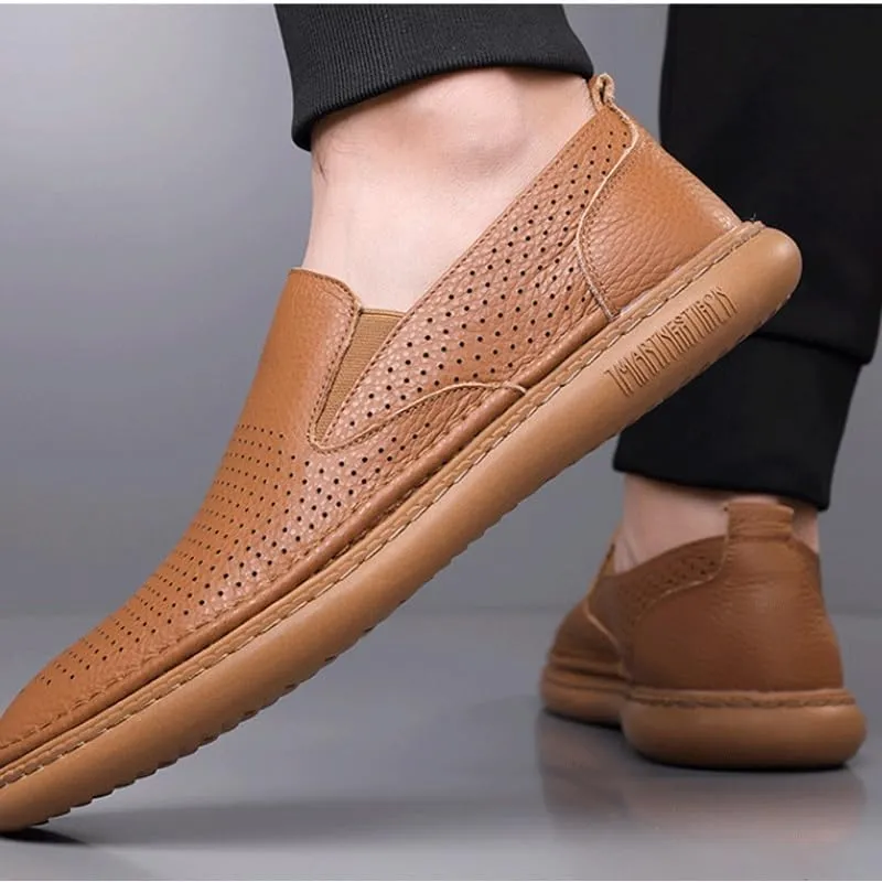 Mens Premium Leather Penny Shoes Fashion Slip On Driving Shoes Casual Flat Moccasin Men's Cutout Mesh Handmade Flat Casual Loafers
