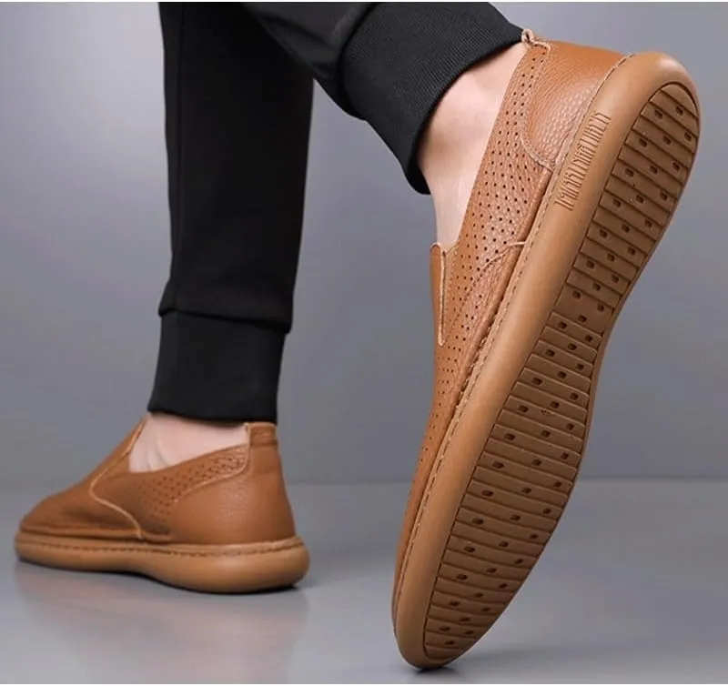 Mens Premium Leather Penny Shoes Fashion Slip On Driving Shoes Casual Flat Moccasin Men's Cutout Mesh Handmade Flat Casual Loafers