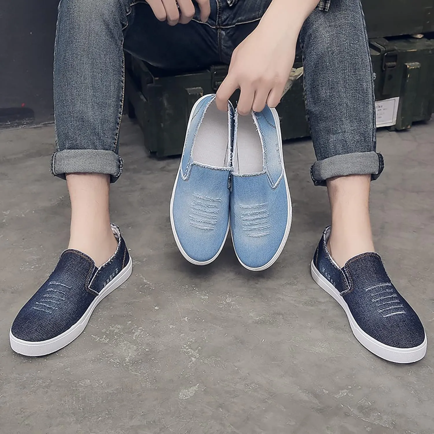 Men's Slip Shoes Men's New Spring and Fisherman's Shoes Canvas Thick Soled Denim Slip On