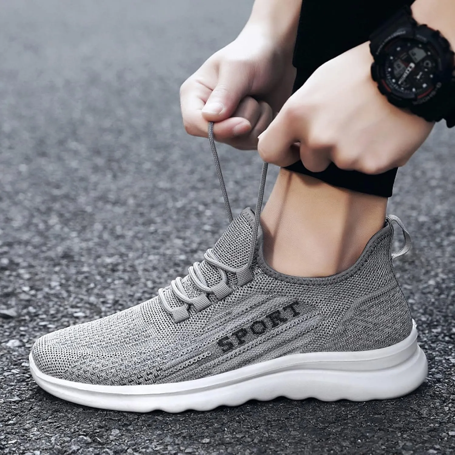 Men's Sneakers Breathable Walking Shoe Non Slip Lace Up Sport Athletic Shoes Comfortable Flat Running Sneakers