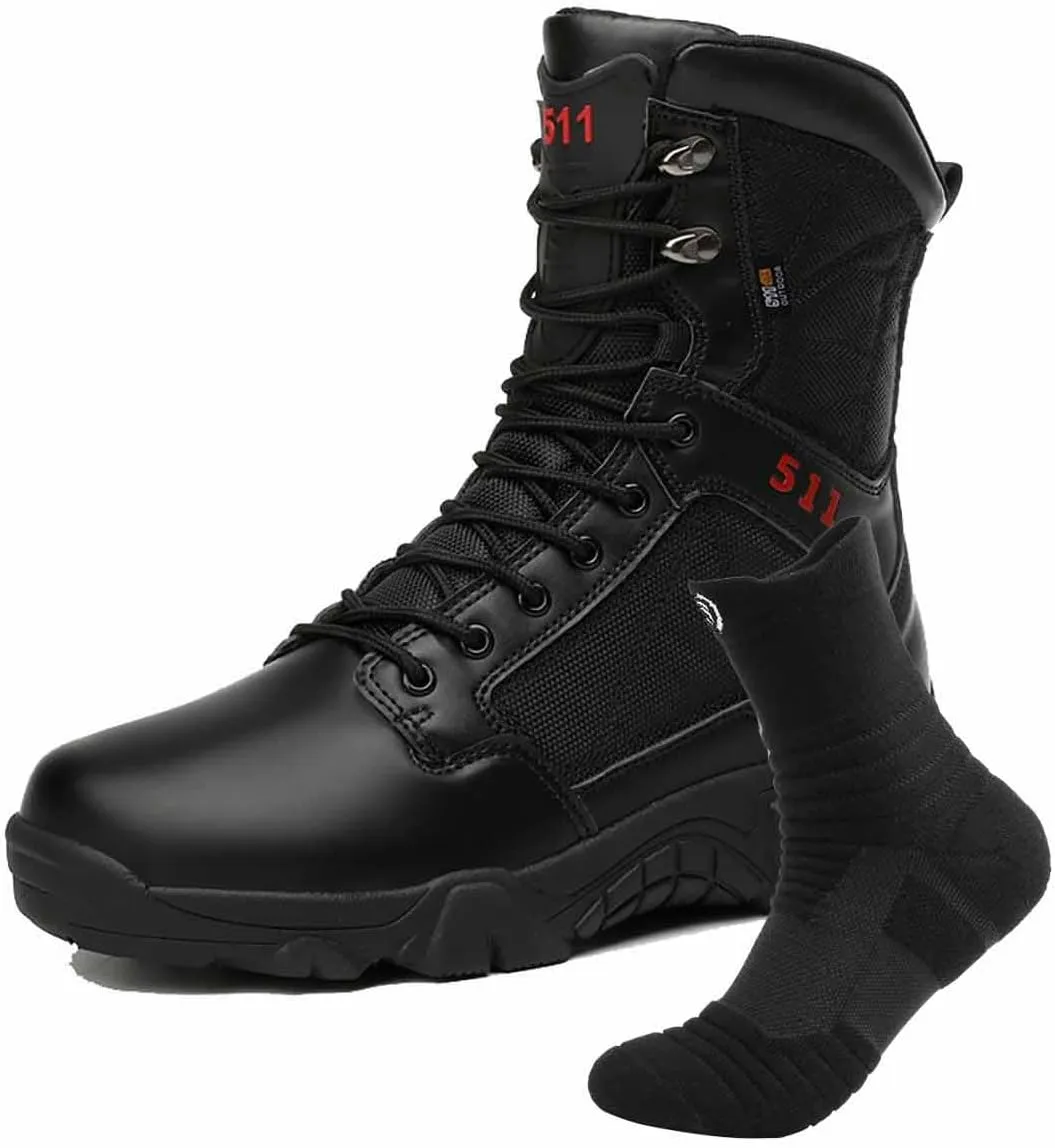 Men's Tactical Boots, Men's Waterproof Hiking Boots with Sports Socks Durable Combat Boots Outdoor Lightweight Work Boots Men's Tactical Army Boots