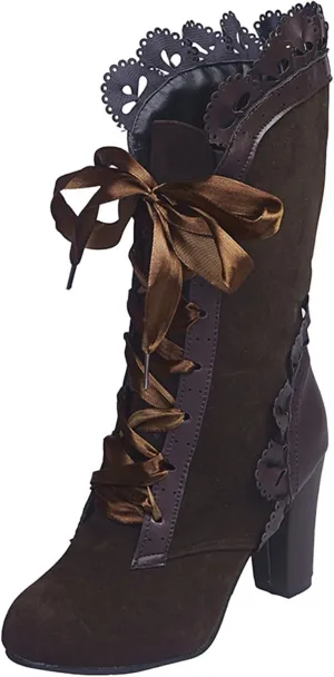 Mid Calf Boots for Women Dressy,Lace Up Victorian Boots Gothic Cosplay High Heels Shoes Fall Boots for Women 2024