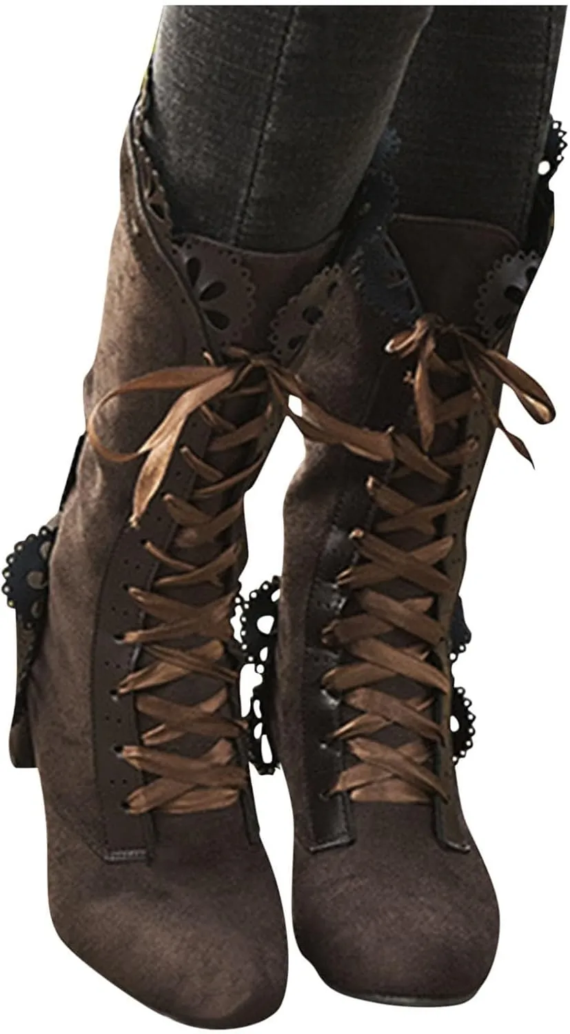 Mid Calf Boots for Women Dressy,Lace Up Victorian Boots Gothic Cosplay High Heels Shoes Fall Boots for Women 2024