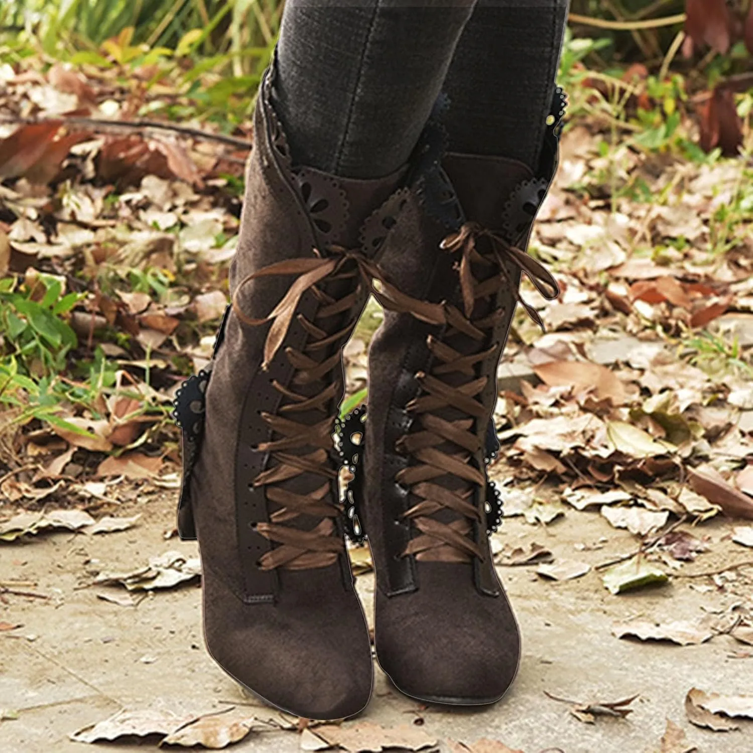 Mid Calf Boots for Women Dressy,Lace Up Victorian Boots Gothic Cosplay High Heels Shoes Fall Boots for Women 2024