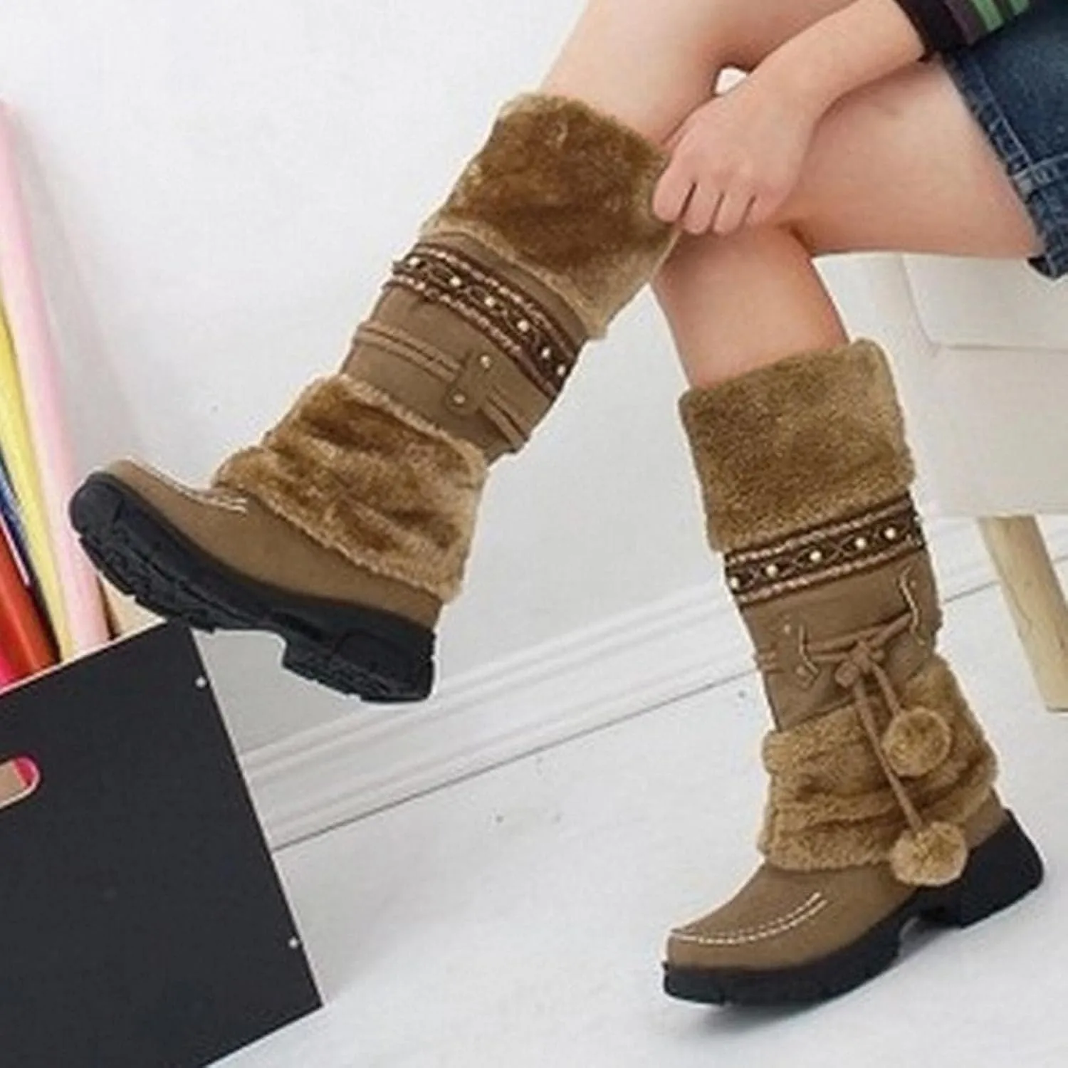 Mid Calf Boots for Women,Winter Anti Slip Outdoors Platform Faux Fur Snow Boots Round Toe Keep Warm Fur Boots