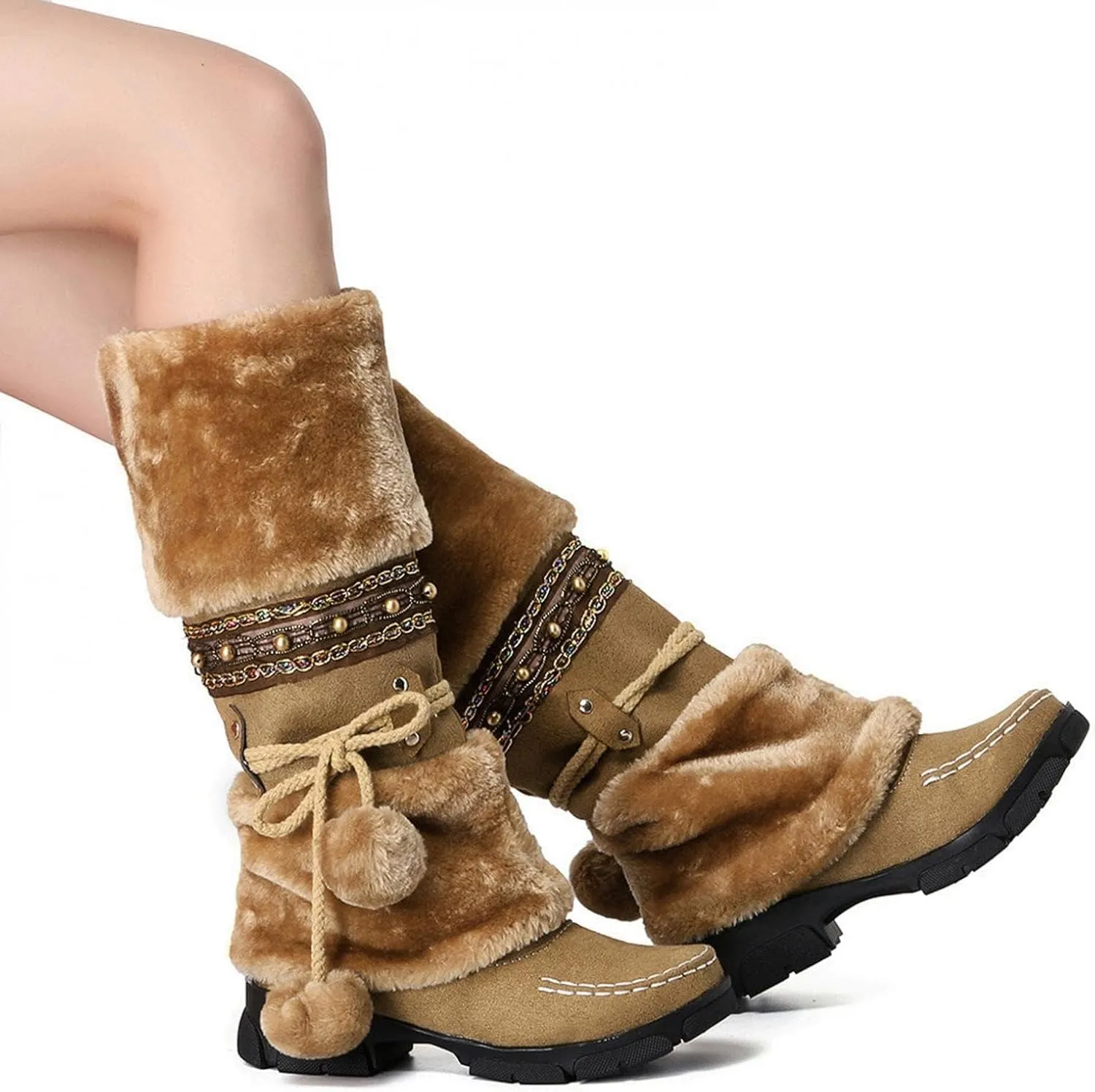 Mid Calf Boots for Women,Winter Anti Slip Outdoors Platform Faux Fur Snow Boots Round Toe Keep Warm Fur Boots