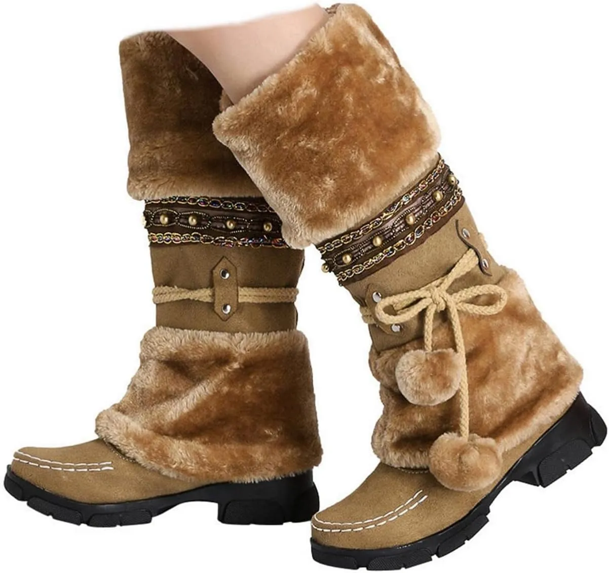 Mid Calf Boots for Women,Winter Anti Slip Outdoors Platform Faux Fur Snow Boots Round Toe Keep Warm Fur Boots