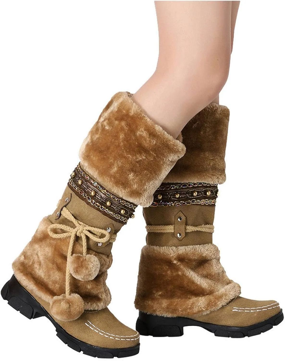 Mid Calf Boots for Women,Winter Anti Slip Outdoors Platform Faux Fur Snow Boots Round Toe Keep Warm Fur Boots
