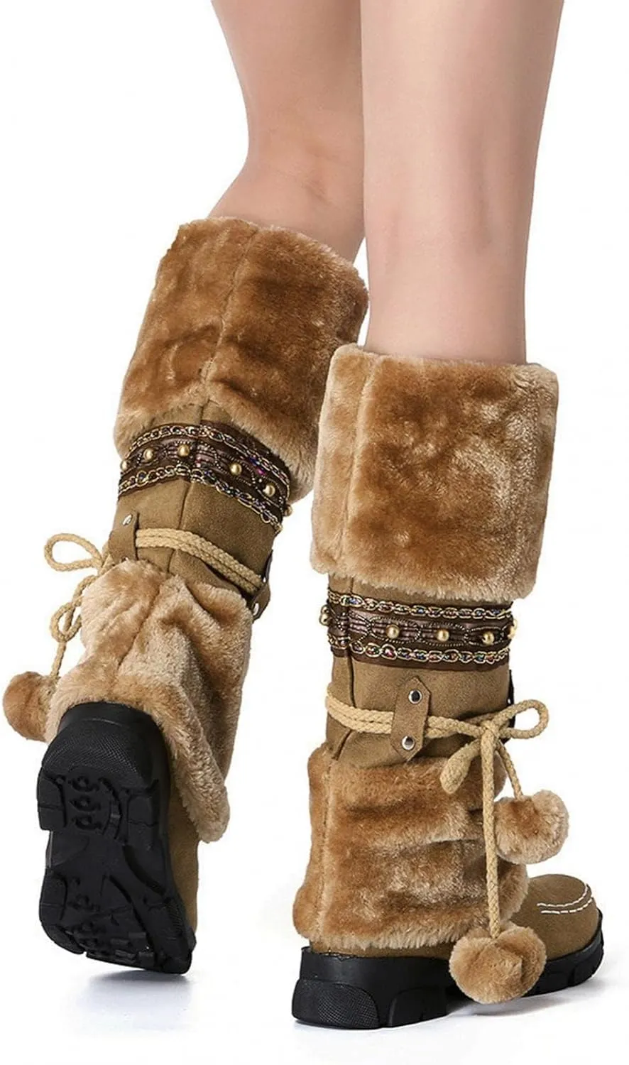 Mid Calf Boots for Women,Winter Anti Slip Outdoors Platform Faux Fur Snow Boots Round Toe Keep Warm Fur Boots