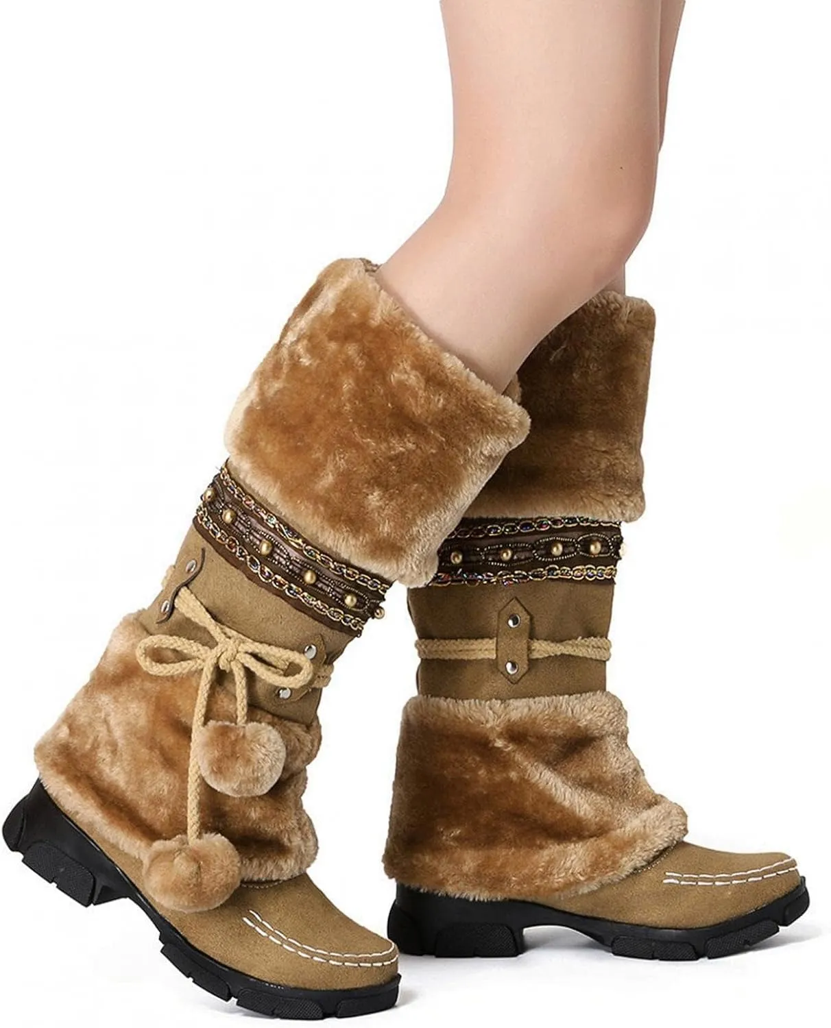 Mid Calf Boots for Women,Winter Anti Slip Outdoors Platform Faux Fur Snow Boots Round Toe Keep Warm Fur Boots