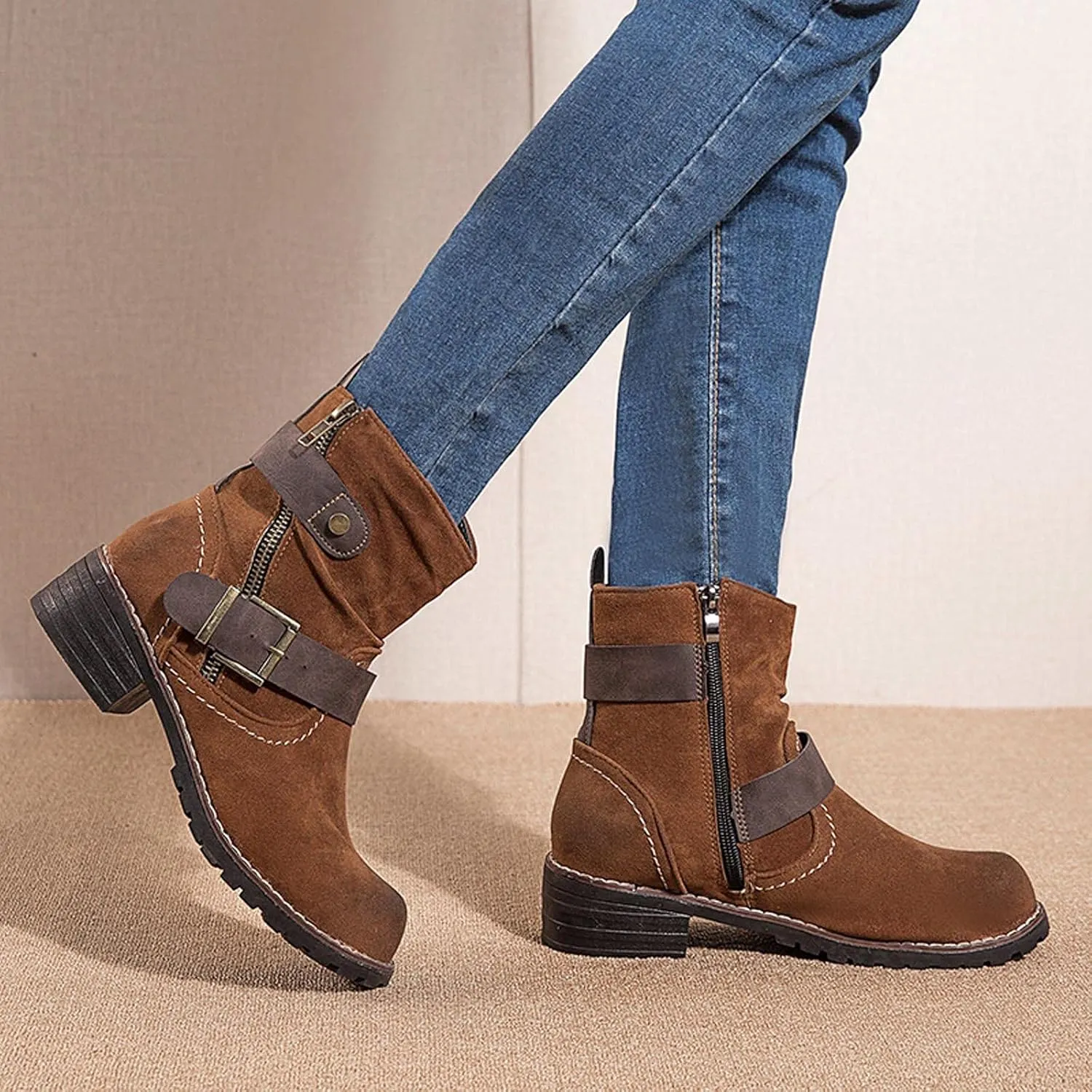 oiangi Womens Booties and Ankle Boots Round Toe Side Zipper Buckle Strap Mid Chunky Heel Boots Outdoor Ladies Casual Shoes