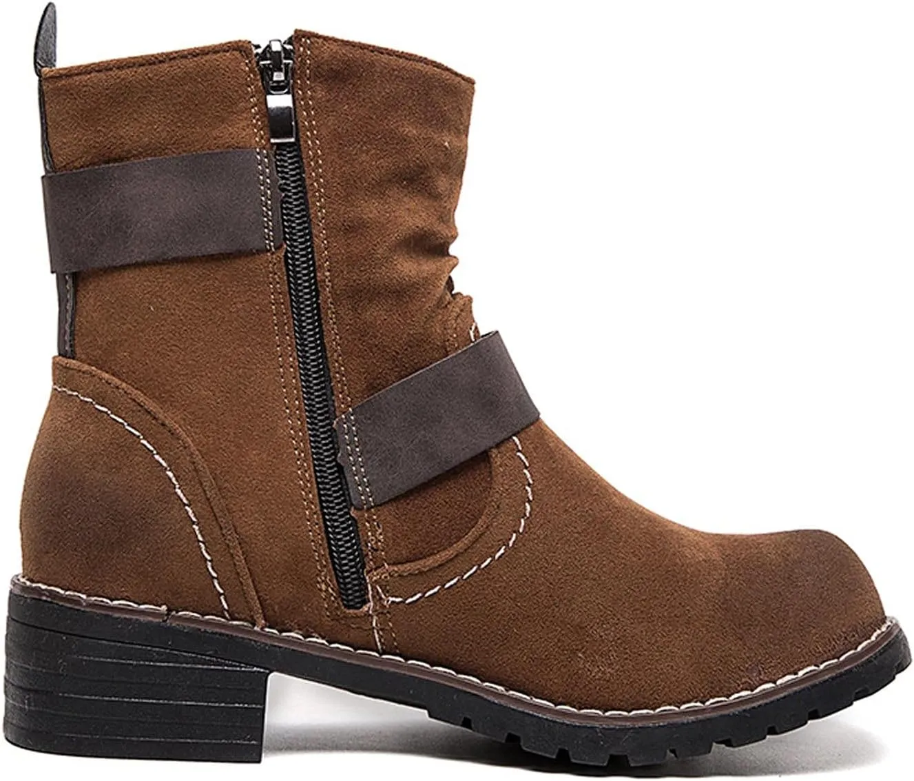 oiangi Womens Booties and Ankle Boots Round Toe Side Zipper Buckle Strap Mid Chunky Heel Boots Outdoor Ladies Casual Shoes