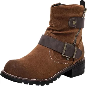 oiangi Womens Booties and Ankle Boots Round Toe Side Zipper Buckle Strap Mid Chunky Heel Boots Outdoor Ladies Casual Shoes